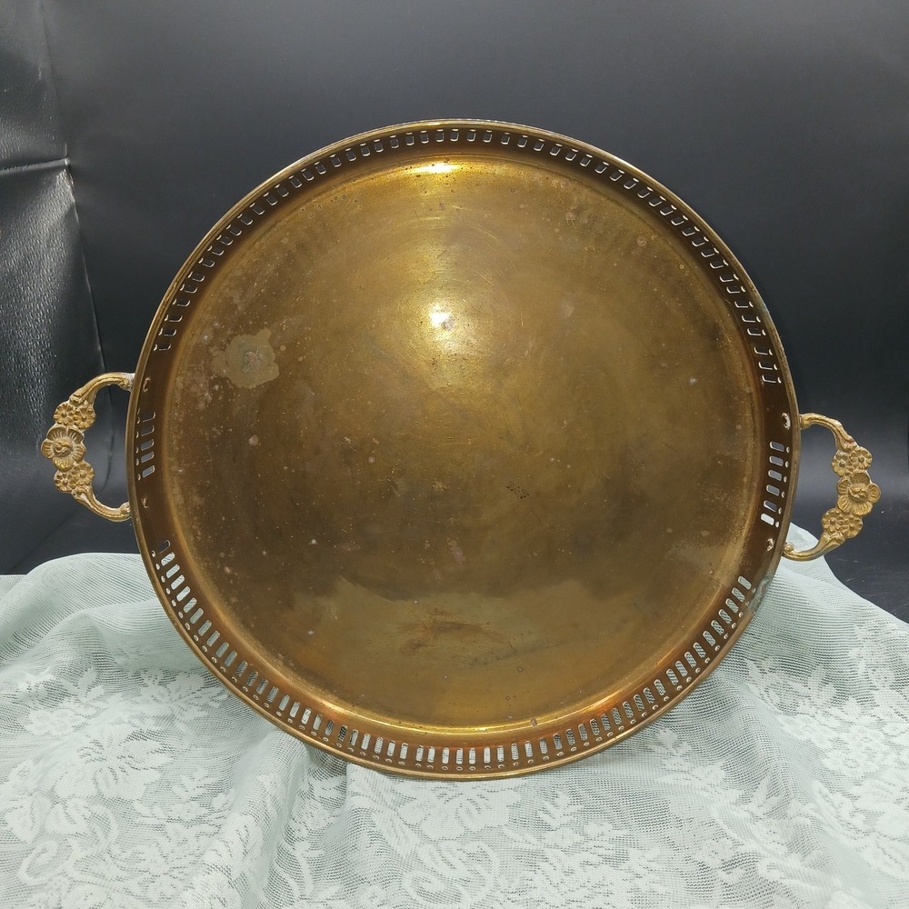 Vtg Solid Brass Round Reticulated Cut Outs Floral Handles Serving Tray 11" MCM